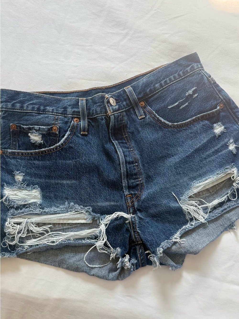Levi's Distressed Dark Blue Denim Cutoff 501 Shorts